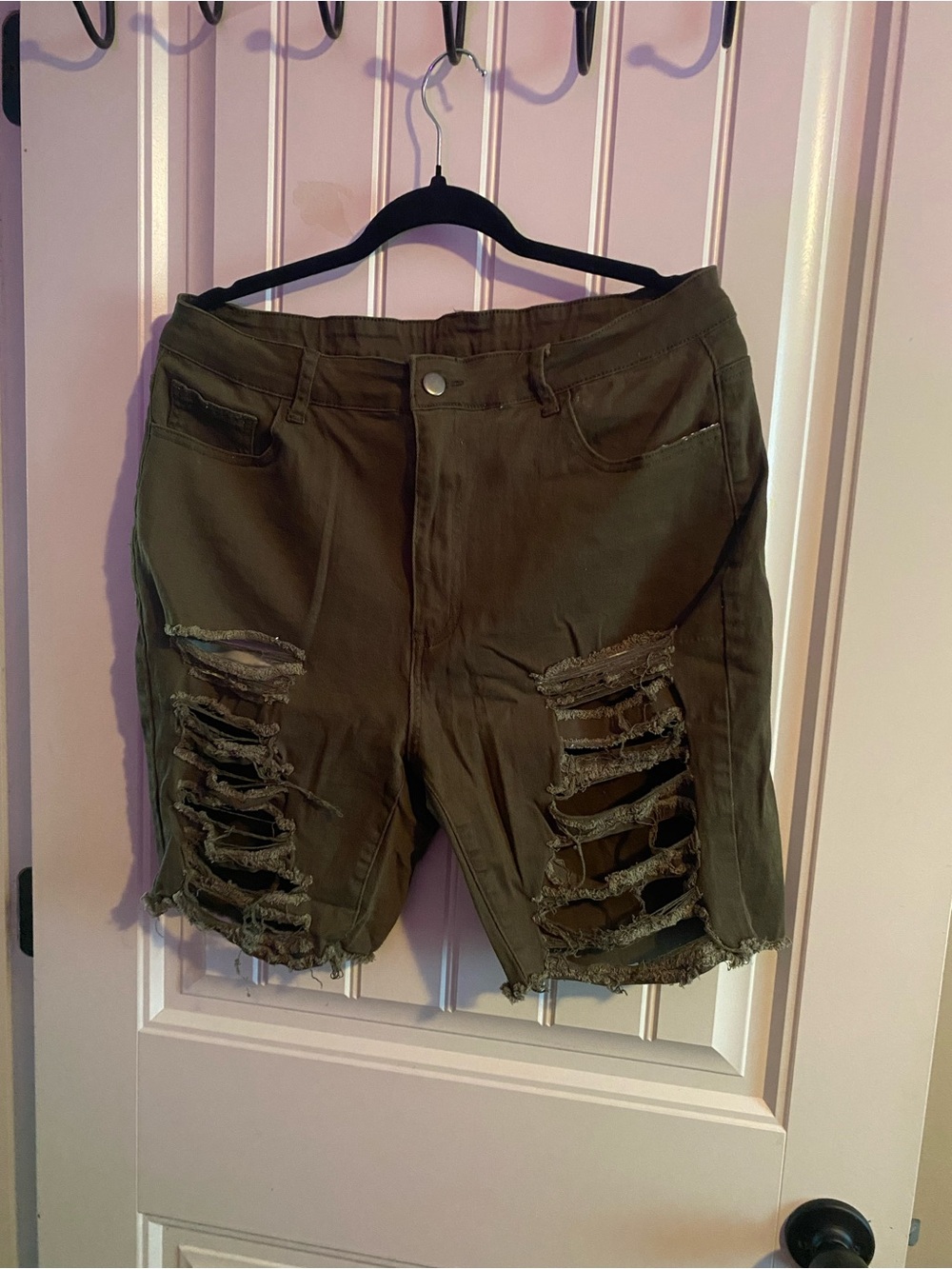 Distressed Olive Green Denim Shorts